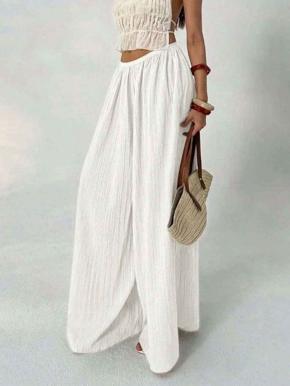 White Casual Women's Loose Textured Palazzo Pants